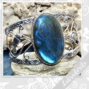 Labradorite Large Silver Artisan Bangle Cuff Bracelet, Adjustable (Blue flash)